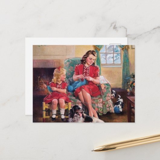 Carte Postale mignon amateur de tricot vintage rétro (Devant/Arrière en situation)