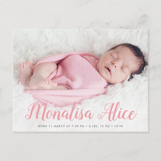 Carte Postale mignon bébé style script photo faire-part de naiss (Devant)
