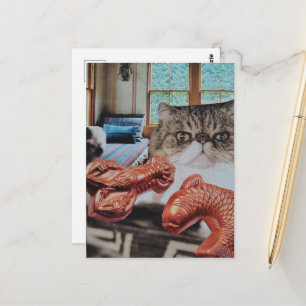 Carte Postale Mignon Chat avec Collage de Homard et de Poisson