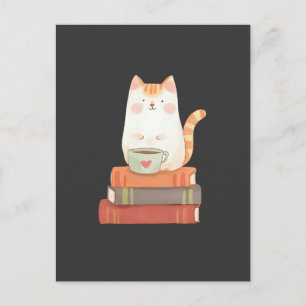 Carte Postale Mignon Chat & Mug Café Pour Amoureux de Livres
