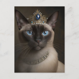 Carte Postale mignon chat siamois yeux bleu et couronne de bijou