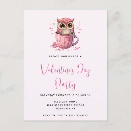 Carte Postale Mignon Hibou Rose dans une Coupe pour une Fête de  (Devant)