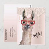 Carte Postale Mignon Lama Féminin Rose Paillettes Pensant à Toi (Devant / Derrière)