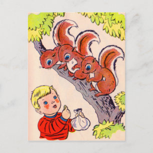Carte Postale mignon petit garçon nourrit de mignons petits écur