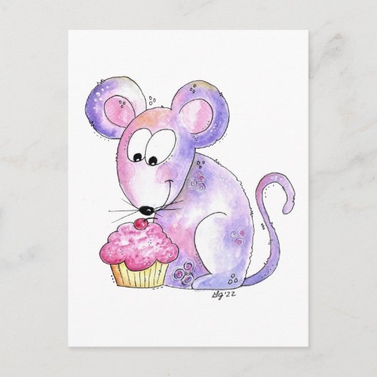 Carte Postale Mignon Souris Fantaisiste avec un Cupcake (Devant)