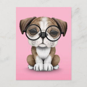 Carte Postale Mignonne Anglais Bulldog Chiot Portant des lunette