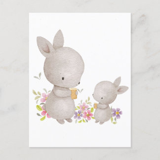 Carte Postale Mignonne Aquarelle Maman et Bébé lapins