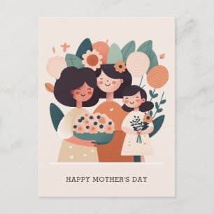 Carte Postale Mignonne caricature à fleurs maman et les filles.