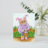 Carte Postale Mignonne costume de lapin daffodils rose Pâques ca (Debout devant)