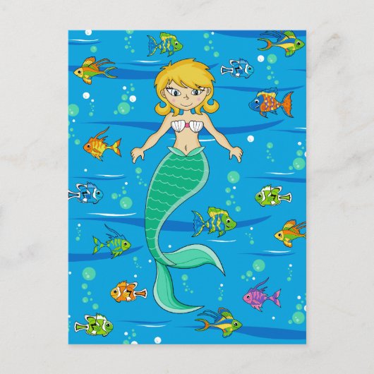 Carte postale mignonne de sirène et de poisson (Devant)