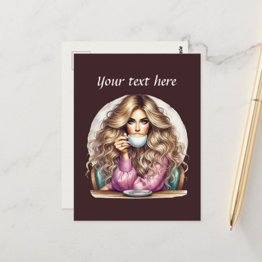 Carte Postale Mignonne femme de café ajouter du texte (Devant/Arrière en situation)