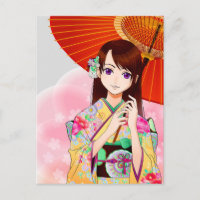 Mignonne Fille En Kimono Floral Rose Avec Paraplui
