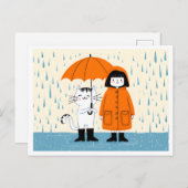 Carte Postale Mignonne fille et chat dans la pluie - Whimsical (Devant / Derrière)