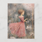 Carte Postale Mignonne fille Whimsical dans un champ de pandelio (Devant)