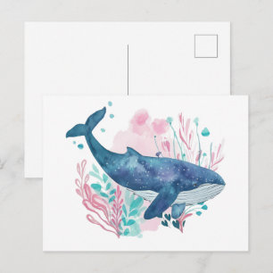 Carte Postale Mignonne illustration aquarelle de baleine à bosse