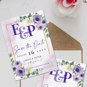 Carte Postale Mignonne Monogramme Purple Floral Mariage Enregist