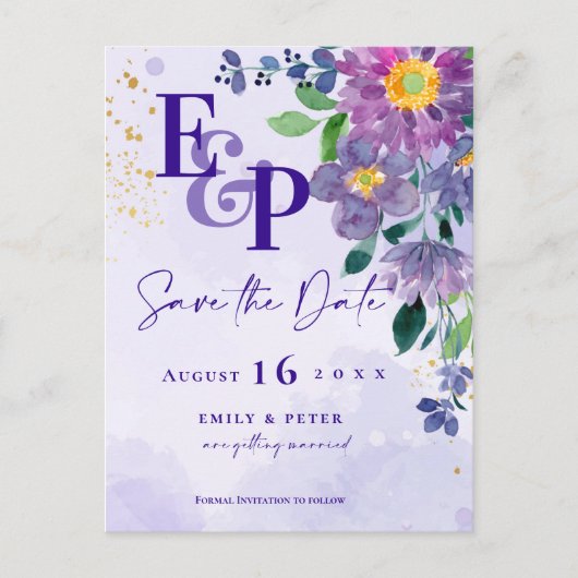 Carte Postale Mignonne Monogramme Purple Floral Mariage Enregist (Devant)