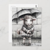Carte Postale Mignonne Mouton avec Parapluie Noir et Blanc (Devant / Derrière)