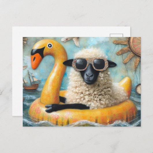 Carte Postale Mignonne mouton sur cygne jaune Floatie (Devant / Derrière)