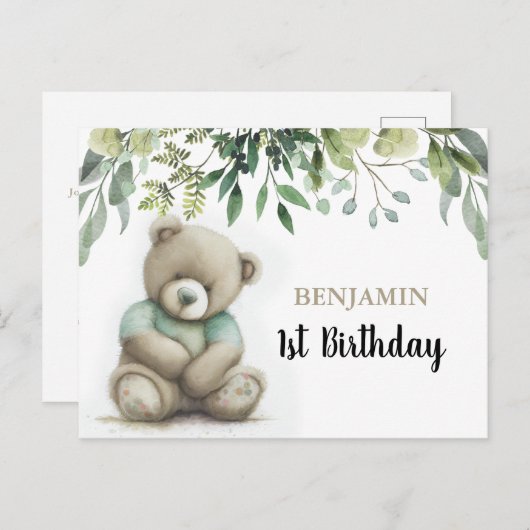 Carte Postale Mignonne N'Importe Quel Âge Aquarelle Teddy Ours F (Devant / Derrière)