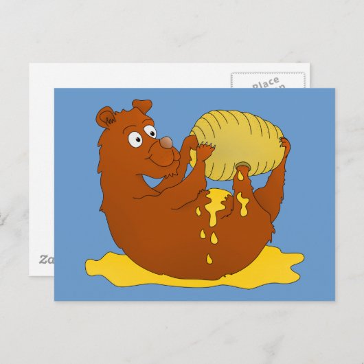 Carte Postale Mignonne Ours Cartoon Manger Du Miel (Devant / Derrière)