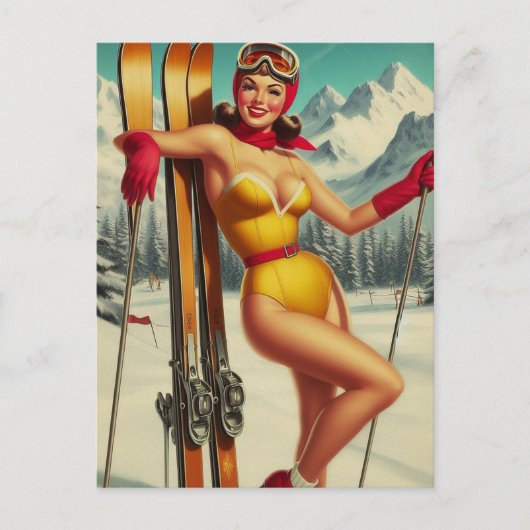 Carte Postale Mignonne Pin De Ski Vintage (Devant)