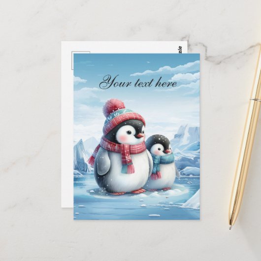 Carte Postale Mignonne pingouin d'hiver saisonnier ajouter du te (Devant/Arrière en situation)