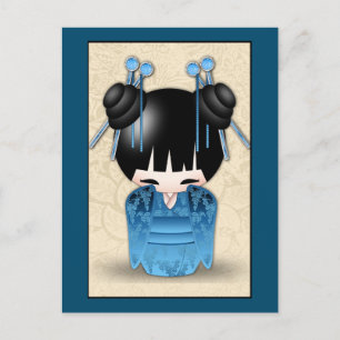 Carte Postale Mignonne Poupée Japonaise Kokeshi Habillée En Bleu