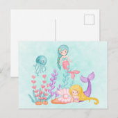 Carte Postale Mignonne sirène sous l'aquarelle de la mer (Devant / Derrière)