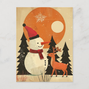Carte Postale Mignonne Snowman avec Reindeer Retro Mid Century N