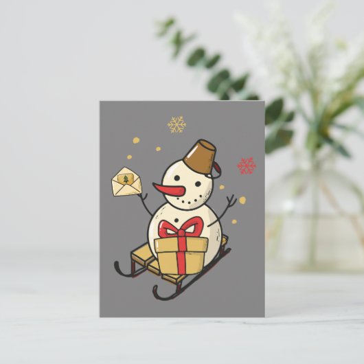 Carte Postale Mignonne Snowman Sur Un Motoneige (Debout devant)