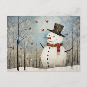 Carte Postale Mignonne Snowman Whimsical dans un chapeau haut