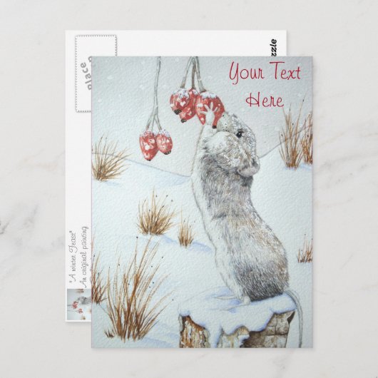 Carte Postale Mignonne souris mangeant des baies de neige faune (Devant / Derrière)