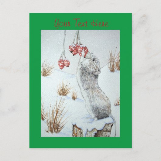 Carte Postale mignonne souris mangeant des baies la neige scène (Devant)