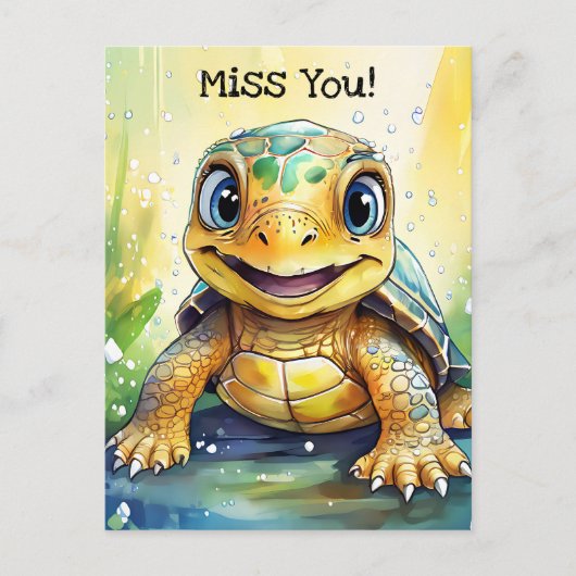 Carte Postale Mignonne Tortue "Miss You" Thème (Devant)