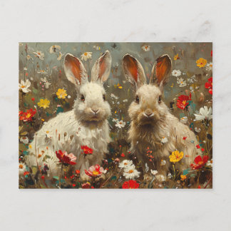 Carte Postale Mignons lapins en Fleur sauvage peinture de champ