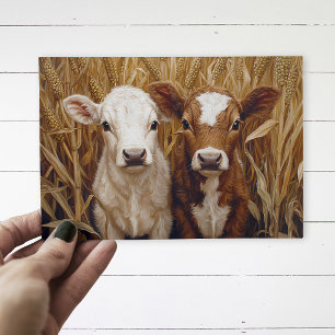Carte Postale Mignons Veaux de Vache dans un Champ de Maïs