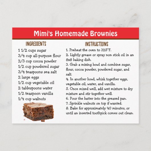 Carte Postale Mimi's Brownies Recipe Card (Devant)