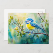 Carte Postale Min bleu sur une aquarelle de branche (Devant / Derrière)