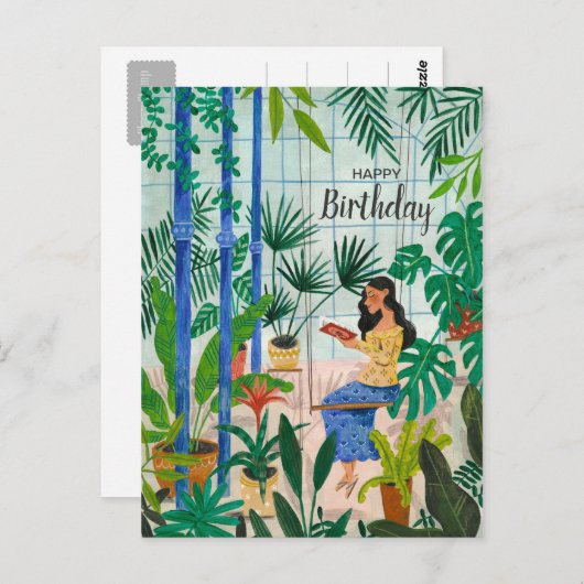 Carte Postale Mince bleu serre plante lecture (Devant / Derrière)