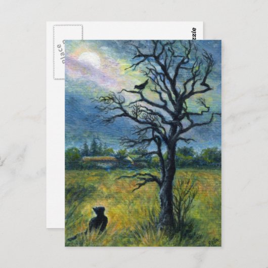 Carte postale Mini Art Cat & Bird & Moon (Devant / Derrière)