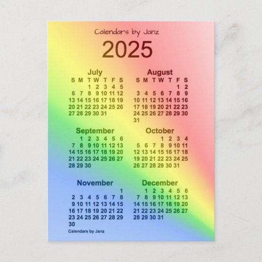 Carte Postale Mini calendrier 2025 Arc-en-ciel 6 mois par Janz (Devant)