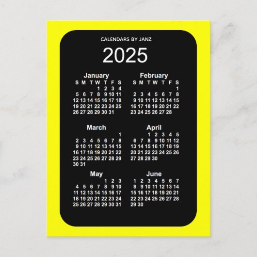 Carte Postale Mini calendrier 2025 Jaune Neon 6 mois par Janz (Devant)