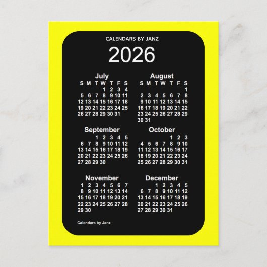 Carte Postale Mini calendrier 2026 Jaune Neon 6 mois par Janz (Devant)