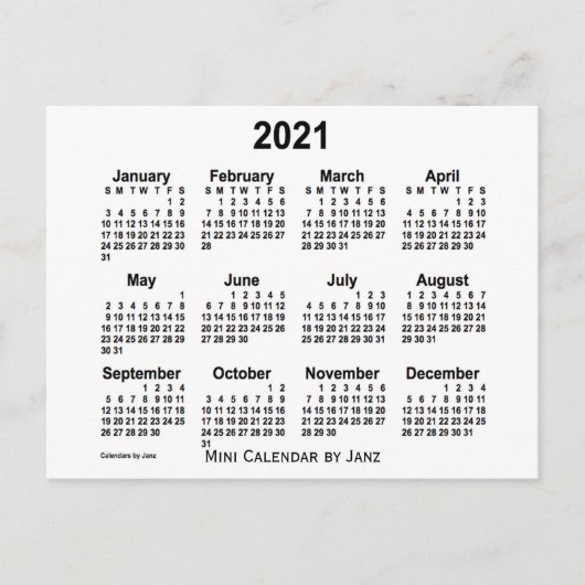Carte Postale Mini calendrier blanc 2021 par Janz (Devant)