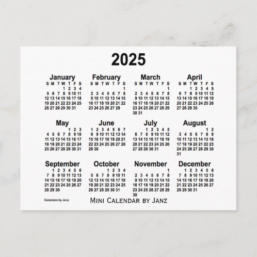 Carte Postale Mini calendrier blanc 2025 par Janz (Devant)