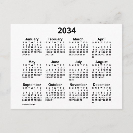Carte Postale Mini calendrier blanc 2034 par Janz (Devant)