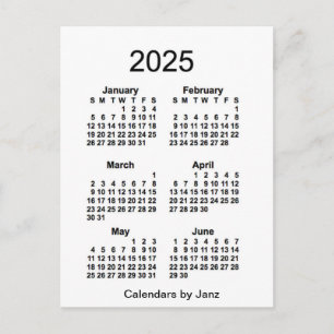 Carte Postale Mini calendrier blanc de 6 mois 2025 par Janz