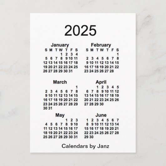 Carte Postale Mini calendrier blanc de 6 mois 2025 par Janz (Devant)