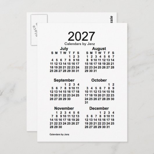 Carte Postale Mini calendrier blanc de 6 mois 2027 par Janz (Devant / Derrière)